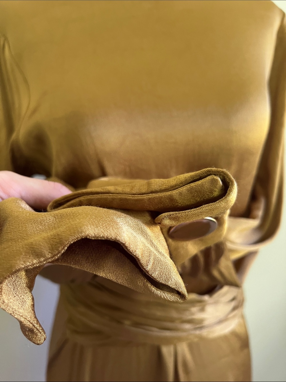 Dynamite • Women’s S • Metallic Gold • Long-Sleeve Wrap Waist Dress - Picture 3 of 7